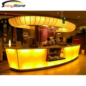 Sided red wood veneer L-shaped solid surface bar furniture coffee bar counter