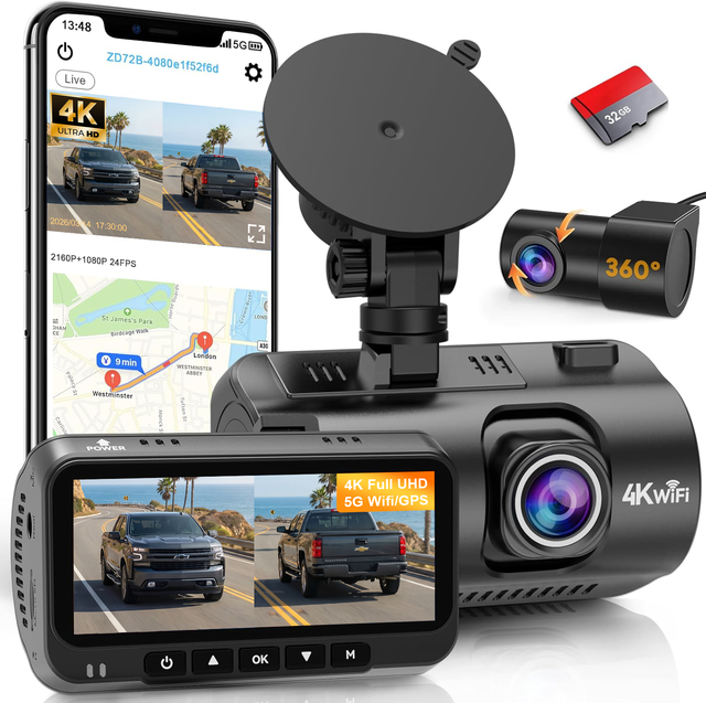 4K+1080P Front Rear Dual Truck Dash Cam 5G WiFi Quick Access 15 Min Install for Car Accident Evidence