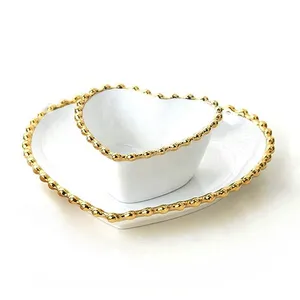 Heart-Shaped Ceramic plate with Beaded Edges Side Dishes for Snack Sushi Fruit Appetizer Dessert