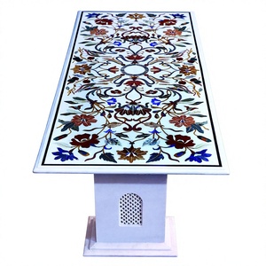 Mesa de Comedor Moderna y Duradera con Incrustaciones de Mármol Blanco de Lujo, Hecha a Mano con Tecnología Pietra Dura, Apta para Conferencias - Product Image 1
