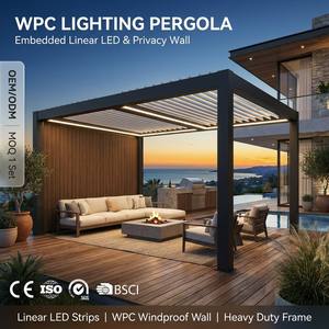 Pergola motorisée moderne à lames orientables avec éclairage LED et mur coupe-vent <span class=keywords><strong>en</strong></span> WPC massif pour villa résidentielle, patio, salon ou gazebo - Product Image 1