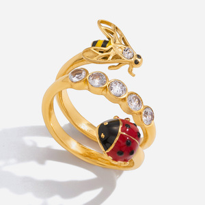 Ladybug And Bee <b>Ring</b> Gold Tone Insect Design With <b>Crystal</b> Accents For Women Jewelry Gift - Product Image 1