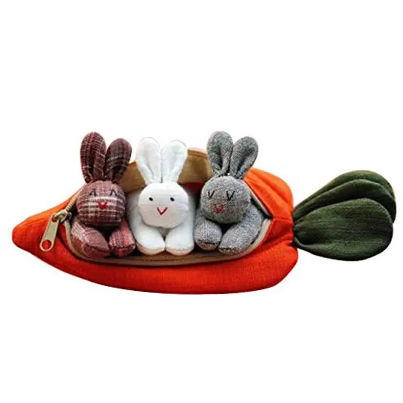 3 Bunnies In Carrot Purse Easter Gift For Kids Home Holiday Desktop Decoration With Rabbit Plush Toy Wallet For Children Easter