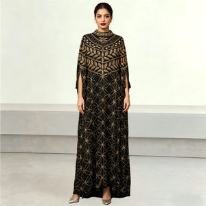 Abaya de luxe de Dubaï brodée main au fil d'or, robe de soirée musulmane modeste en mousseline ample pour femme, idéale pour invitées de mariage et l'Aïd - Product Image 1