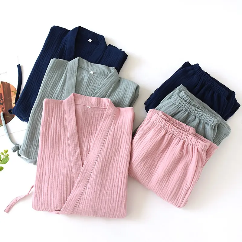 100% cotton solid plain dye slub muslin double gauze fabric pajamas sleepwear for men and women