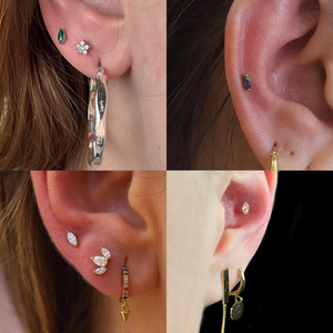 Bijoux de corps raffinés, Piercings, Boucles d'oreilles clous délicates en Titane ASTM F136 avec Zircon Cubique et Opale, forme Marquise simple, pour Conch, Helix, Tragus - Product Image 2