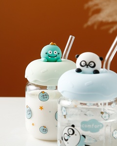 Lindo patrón de dibujos animados taza de vidrio con tapa pajita resistente a altas temperaturas taza de leche para el desayuno para niños para presentaciones de agua - Product Image 5