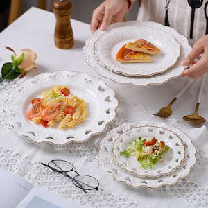 Embossed Hollow Ceramic Dinner Plate Gold Rim Breakfast <b>Pasta</b> Dessert Bread Fruit Serving Tray Restaurant Dinnerware 20Pcs - Product Image 4