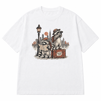 T-shirt en coton blanc à imprimé graphique raton laveur, coupe vintage oversize à épaules tombantes, streetwear homme, manches courtes
