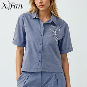 เสื้อเชิ้ตผ้าคอตตอน100% เรียบๆปักลายลูกปัดสำหรับผู้หญิงเสื้อเบลาส์เข้ารูปแบบลำลองสำหรับฤดูใบไม้ผลิฤดูร้อน - Product Image 1