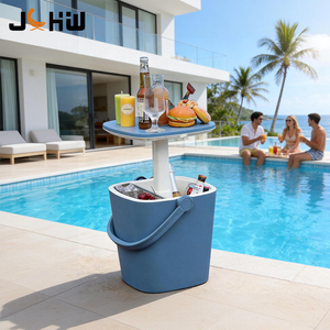 Table de bar réglable en hauteur avec glacière intégrée, table de café, table de bar portable en plastique PP pour extérieur avec poignée et porte-bouteille - Product Image 1