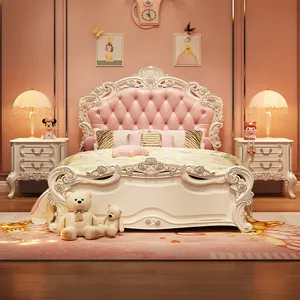 현대 어린이 침대 공주 디자인 핑크 가죽 침대 어린이 침실 가구 세트
