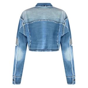 Nouvelle Veste en Jean pour Femme, Style Tendance avec Chaîne de Perles, Col Rabattu, Coupe Courte, Effet Déchiré - Product Image 3