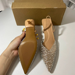 Sandales d'été à talons aiguilles pour femmes, bout pointu, ouvertes à l'arrière, ornées de perles, à bride cheville, style mule à bout couvert - Product Image 3