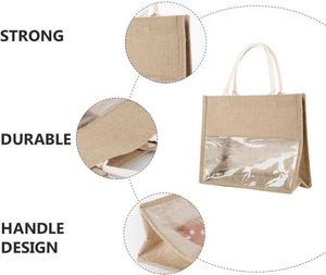 Custom Shopping <b>Gift</b> Bridesmaids Birthday Wine Decorated Recycled Transparent Tote Jute <b>Bag</b> With Window - Product Image 2