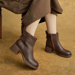 Bottines à lacets à talon bloc pour femmes, toutes saisons, nouveau style britannique, confortables pour la marche, en cuir véritable - Product Image 2