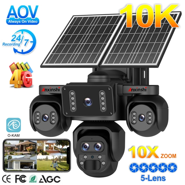 20MP Five-lens Four-Screen Solar PTZ Camera 10X ZOOM 24/7 Continuous Recording Auto Human Detection AOV Outdoor Smart Auto 4G