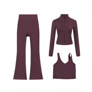 Leggings longs évasés, veste zippée intégrale, soutien-gorge sexy à col en U, vêtements de sport, entraînement respirant, ensemble de yoga 3 pièces, taille XL - Product Image 4