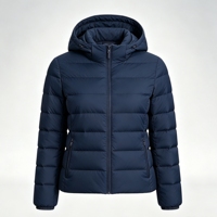 Blouson matelassé à capuche bleu pour femme, en nylon épais, imperméable, coupe-vent, avec logo, chic et élégant pour les trajets en ville