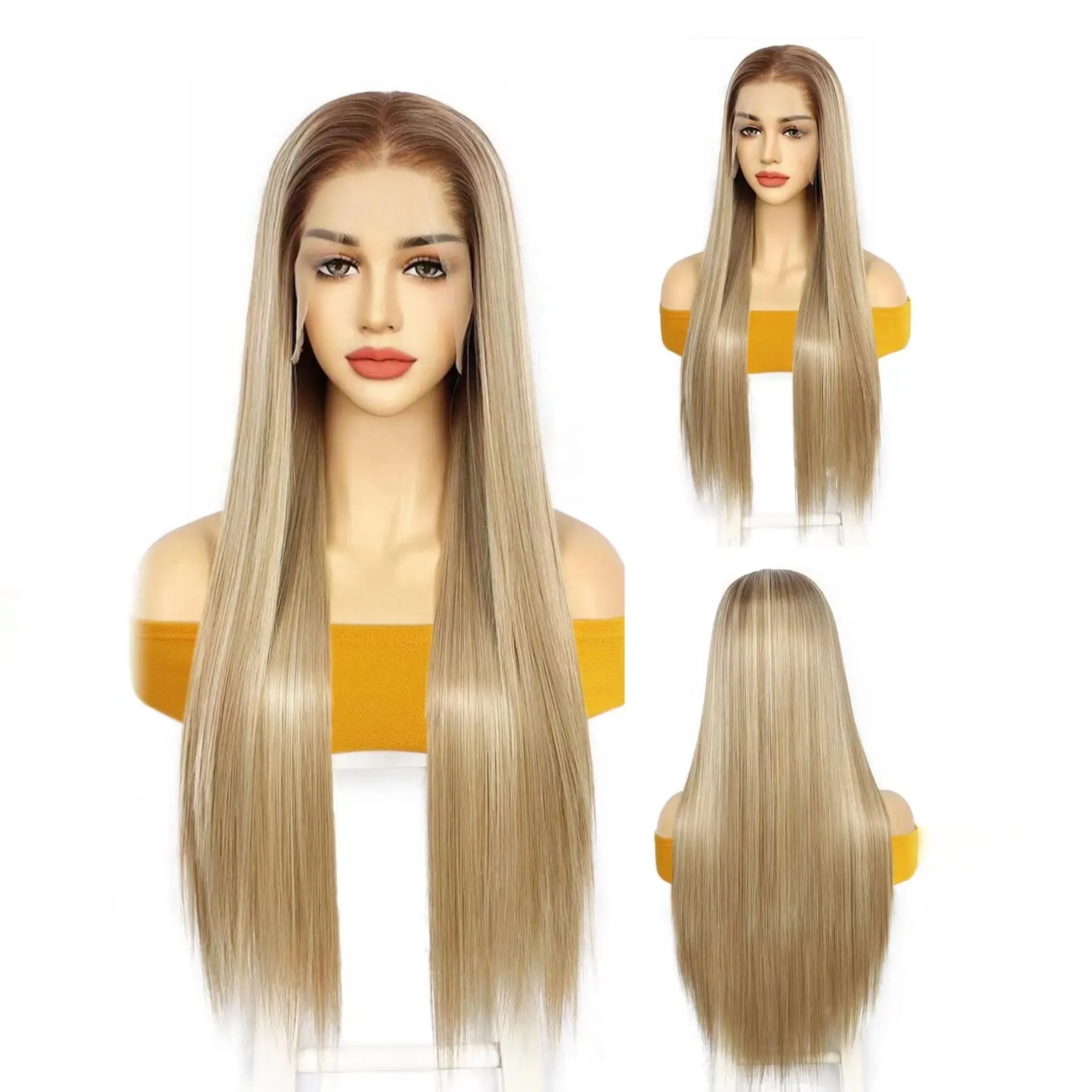 Karışık sarışın 24 "uzun düz saç 13*6 sentetik dantel ön peruk isıya dayanıklı moda ipeksi yumuşak sentetik peruk kadın için