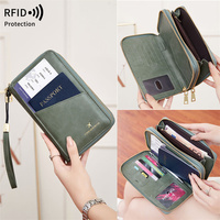 Portefeuille de voyage multi-couches à double fermeture éclair RFID en cuir PU, porte-passeport pour documents de voyage