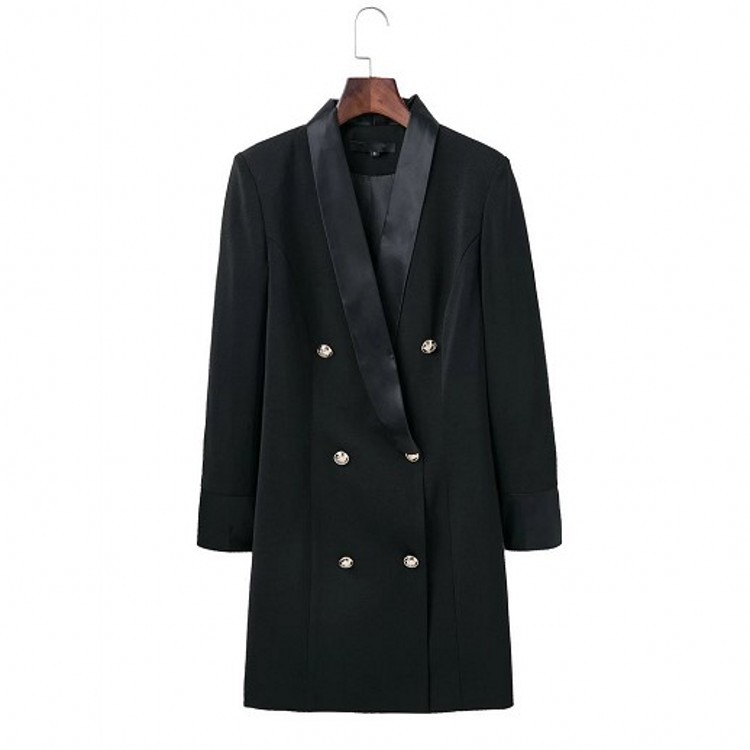 ダブルブレストブレザージャケット女性用ロングブレザードレスブラック