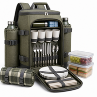 Sac à dos isotherme pour pique-nique en toile vert armée avec couverture et deux porte-bouteilles pour le camping, les activités de plein air et la famille