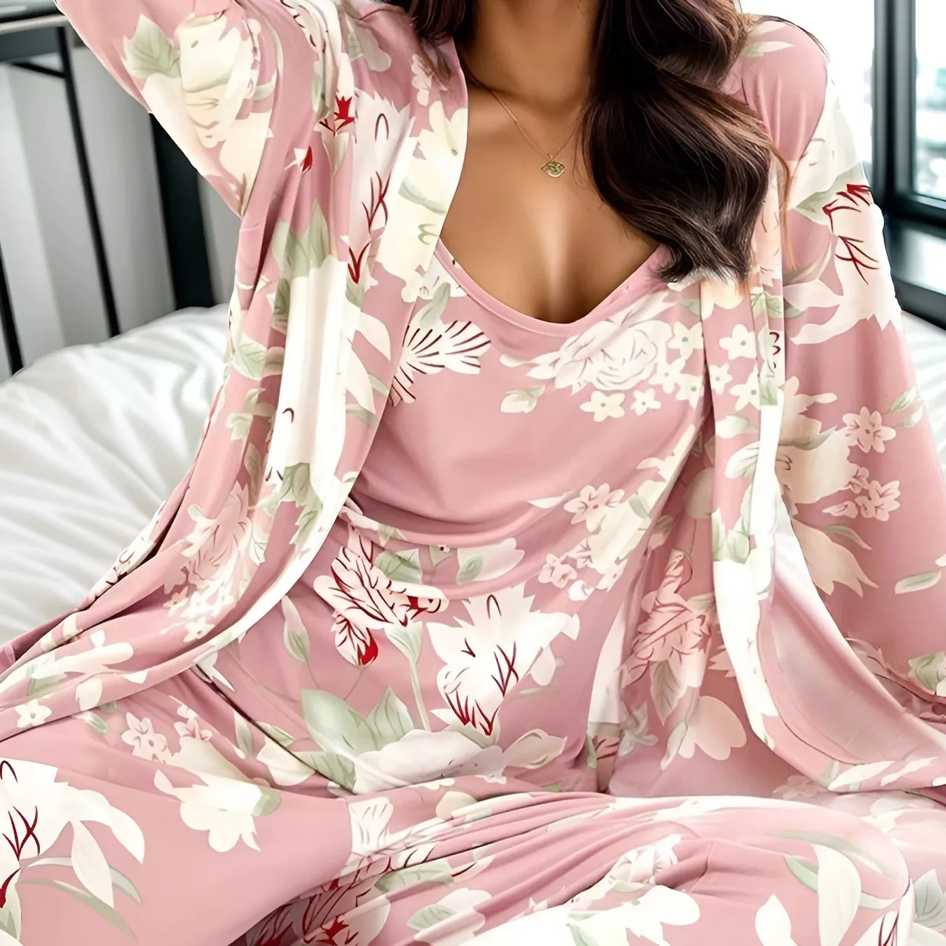 Women All Over Print Floral Pattern 3 Pieces Pajama Set Tank Top with Pants and Belted Robe Camisole Sets