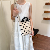 Tas Tote Mini Polka Dot Tekstur Linen Tas Tangan Wanita Tali Selempang yang Dapat Disesuaikan untuk Belanja Santai Sehari-hari