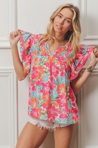 Maßgefertigte Großhandels-Damenbluse mit Lebhaftem Blumenmuster, Kurzen Flatterärmeln, V-Ausschnitt, Sommerlicher Boho-<span class=keywords><strong>Peplum</strong></span>-Stil - Product Image 2