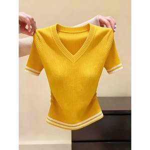Suéter de punto de manga corta con cuello en V para mujer, color gris, talla S, con ribete acanalado - Product Image 2