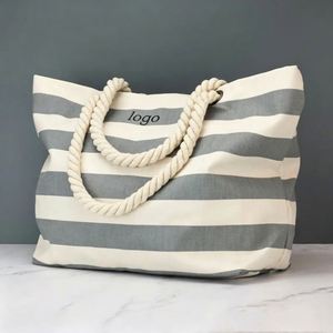 Sac en toile de coton personnalisé avec logo d'usine, rayures colorées, grande taille, avec poignée en corde - Product Image 3