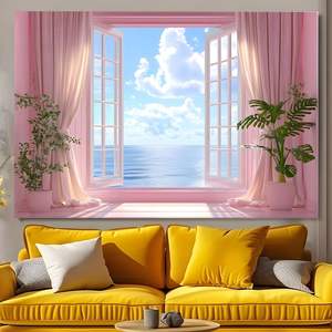 Encantador verano Tropical flor tapiz ventana vista escénica cielo azul y nubes blancas océano mar pared colgante naturaleza en Stock - Product Image 2