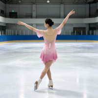 Robe de patinage artistique rose dégradé à épaules dénudées et manches volantées, col en V, ornée de strass faits à la main, en maille, pour enfants et filles, danse sur glace