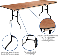 Mesa de Comedor Plegable Rectangular Moderna de Madera Contrachapada, 30 Pulgadas de Altura, Apilable y Resistente para Exteriores, Ideal para Alquiler en Hoteles y Banquetes