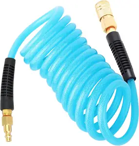 Reinforced Polyurethane Recoil Air Hose with Bend Restrictor, Industrial Quick Coupler and Plug