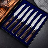 Ensemble de couteaux à steak en acier inoxydable de style japonais fait à la main, 6 pièces, poignées en bois ambidextres, bord dentelé, lames damas de 4,5 pouces