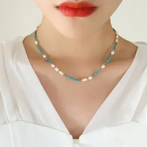 Wholesale Stainless Steel 18KGold Plated Jewelry Blue Stone Resh Water Pearl Choker Necklace Pearl Necklace Ethnic Style Jewelry
