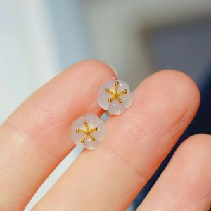 Boucles d'oreilles clous en or pur 18 carats Xinfly, motif fleur de jade blanc, cadeau unisexe pour anniversaire, pour femme - Product Image 4