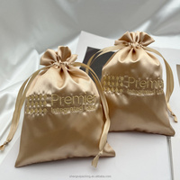 Sac d'emballage en satin or champagne de luxe personnalisé, emballage cadeau, pochette à cordon avec logo brodé personnalisé