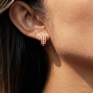 Huggie Earrings Gold Tone Pearl Rhinestone Channel Setting Stainless Steel Everyday Wear - Product Image 3