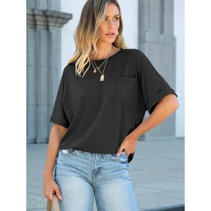 ANRABESS Camiseta holgada de manga corta para mujer, camiseta básica informal de verano con bolsillo, tela de jersey transpirable 100% algodón - Product Image 5