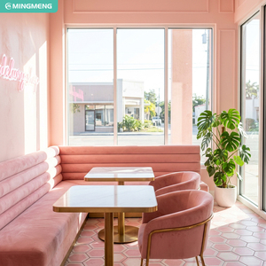 Pink Velvet Booth <b>Set</b> With Marble Top Table And Metal Legs Contemporary Restaurant Furniture For Dining Area - Product Image 2