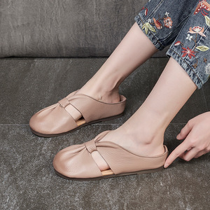 Sandalias de piel con cabeza redonda para mujer, zapatos planos con estilo japonés y suelas suaves disponibles - Product Image 6