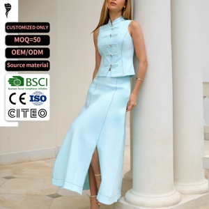 Ensemble deux pièces pour femme, style chinois, gilet sans manches à boutons grenouille, jupe longue fendue, tenue élégante assortie - Product Image 1
