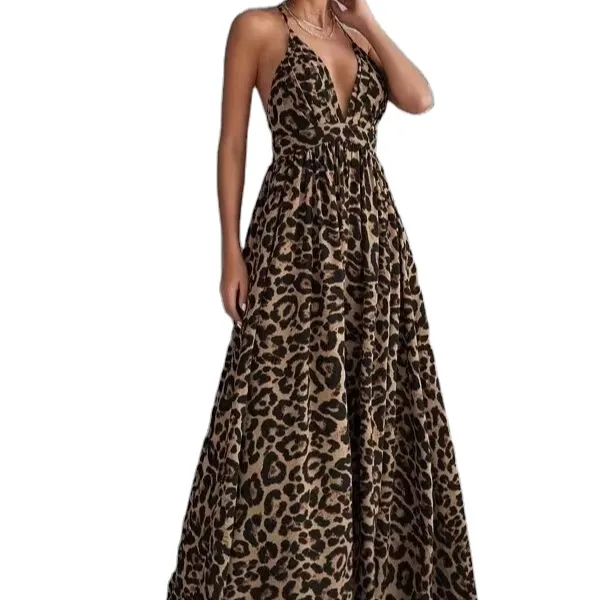 European and American new fashion printing sexy V-neck straps Leopard cross-hanging neck long style women's dress