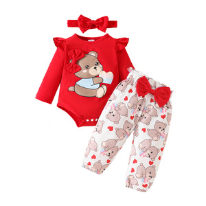 Conjunto de ropa para niña: mono de manga larga con estampado de oso, pantalones con estampado de corazones y diadema con lazo, ropa infantil para primavera y otoño - Product Image 5