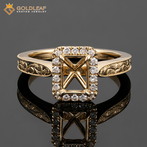 Bague halo en or jaune 14 carats Goldleafgem avec sangle gravée, semi-monture pour diamant de laboratoire de 1 à 5 carats, bijoux de mariage sur mesure - Product Image 1