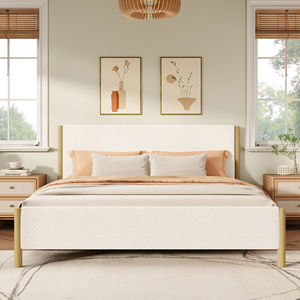 Cama Moderna de Lujo Tapizada en Blanco con Patas de Madera de Caucho, Cama Doble Tamaño Queen - Product Image 1