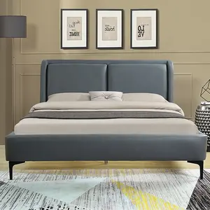 Willsoon Nieuwe Winkel Modern Dubbel Gestoffeerd Bed Zwart Leer Met Metalen Voet En Zacht Hoofdeinde Houten Frame